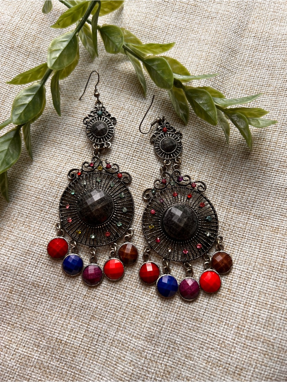 Colourful Boho Vintage Chandelier Dangly Crystal Earrings (flaw)